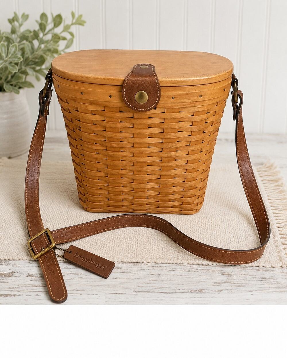 Longaberger Saddlebrook Shoulder Bag w/ Wood Lid Leather Strap Protector EUC